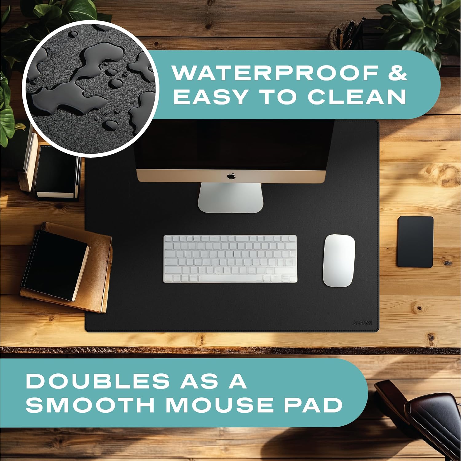 Leather Desk Mat Cable Organizer 23.6" x 17" Premium Black Vegan | Leather Desk Protector Blotter Mouse Pad with Felt Non Slip Bottom for Home Office - view 4