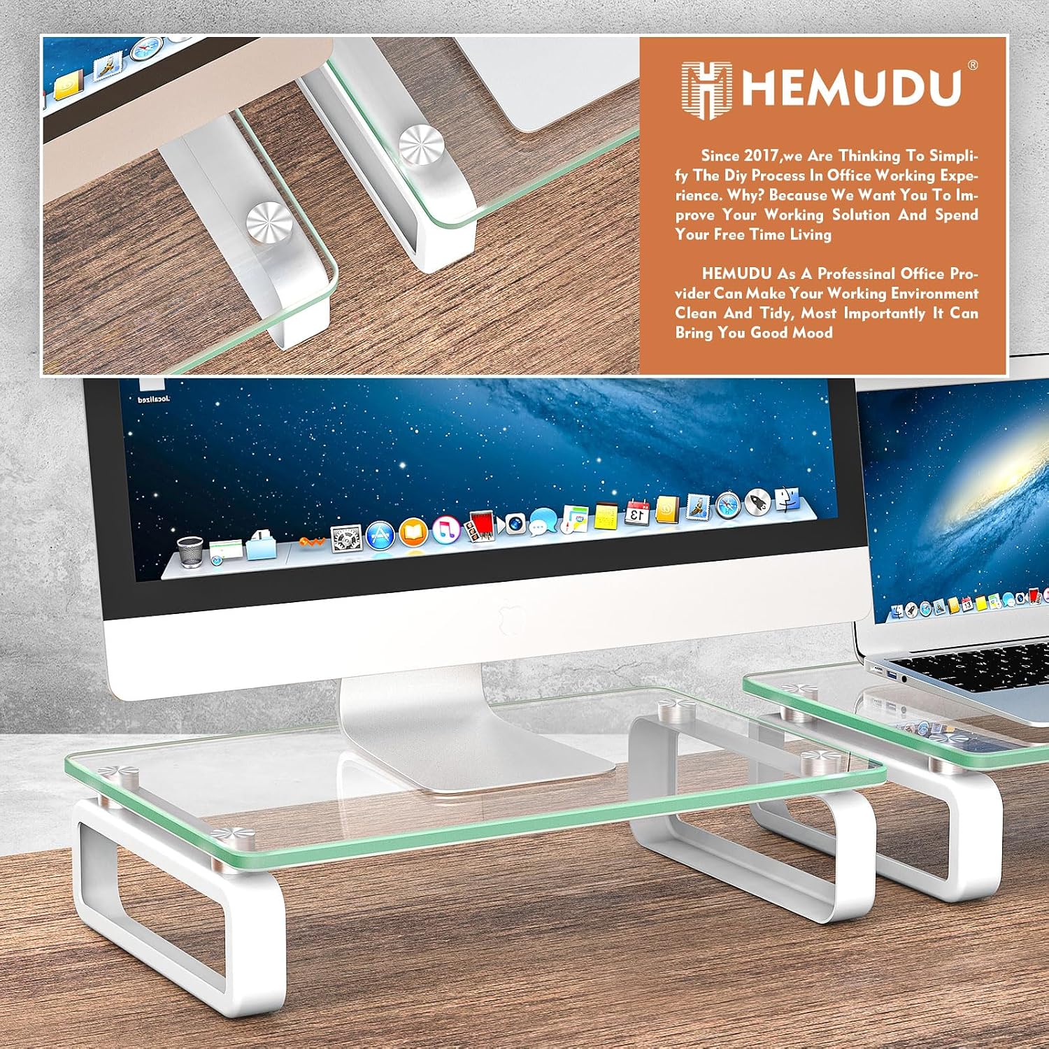 2 Pack Computer Monitor Stand Riser Multi Media Desktop Stand for Flat Screen LCD LED TV, Laptop/Notebook, with Tempered Glass and Metal Legs,HD02T-201 - view 2