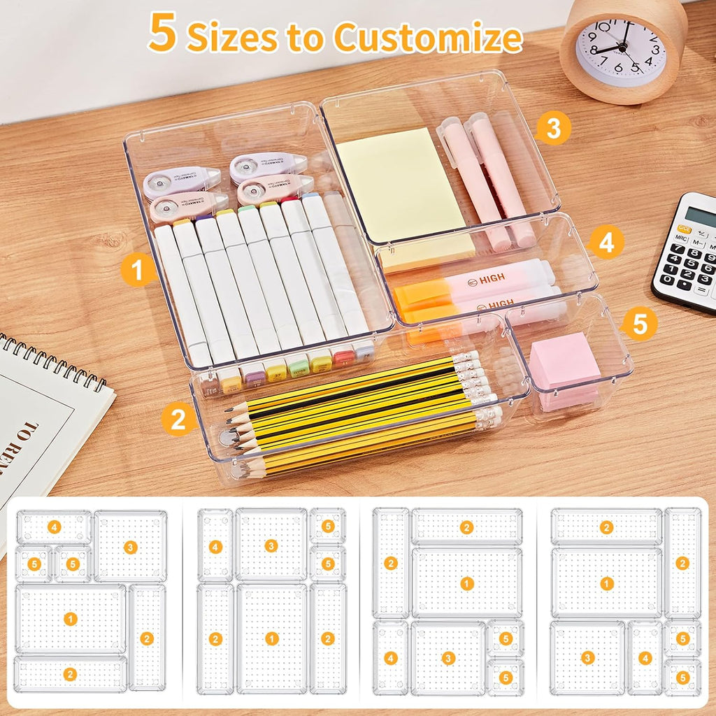 13-Piece Drawer Organizers with Non-Slip Silicone Pads, 5-Size | Clear Desk Bathroom Drawer Organizer Trays Storage Tray for Makeup, Jewelry, Utensils in Bedroom Dresser, Office and Kitchen - view 8