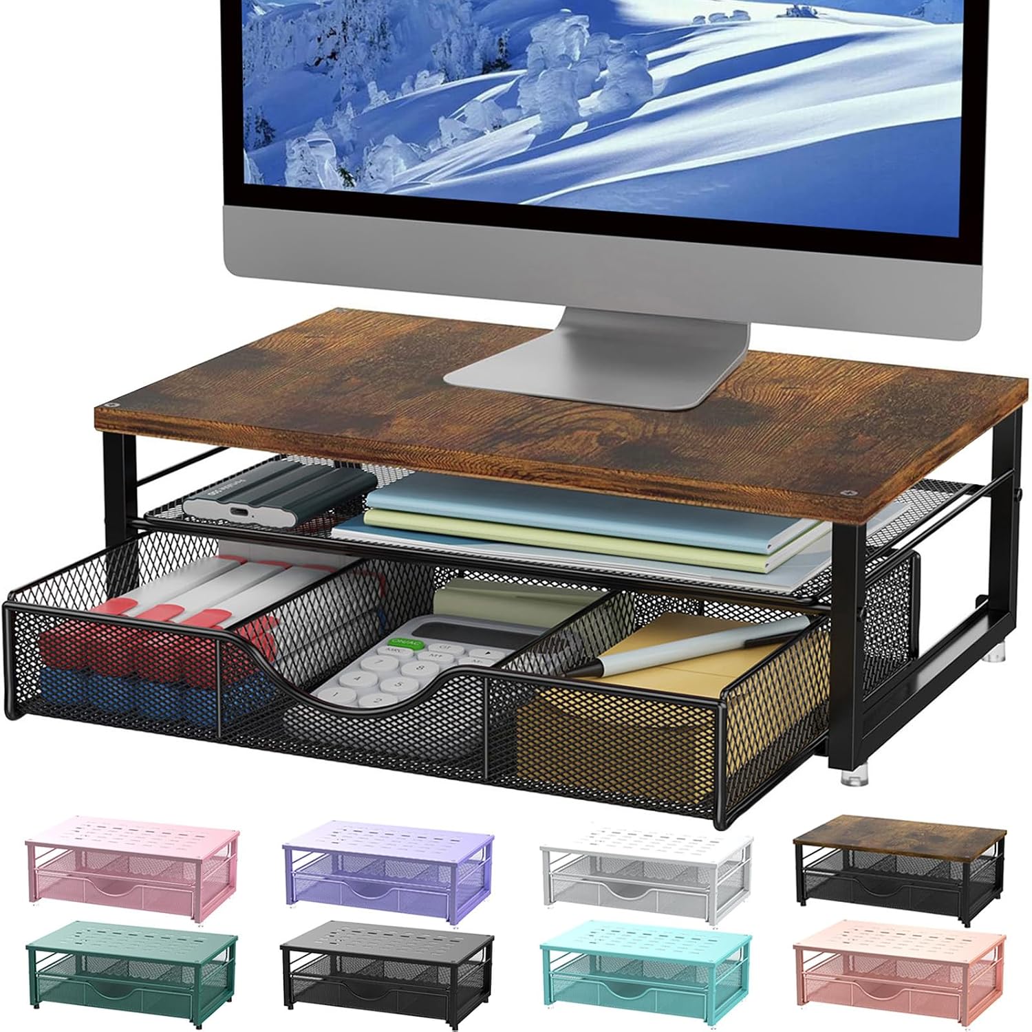 Computer Monitor Stand Riser, office organizer with Drawer, Office Organizers Storage for Classroom Office Supplies (Wood) | Wood Desk Organizers and Accessories Desk Accessories & Workspace Desktop Organizers Storage for Printer Stand (Wood)