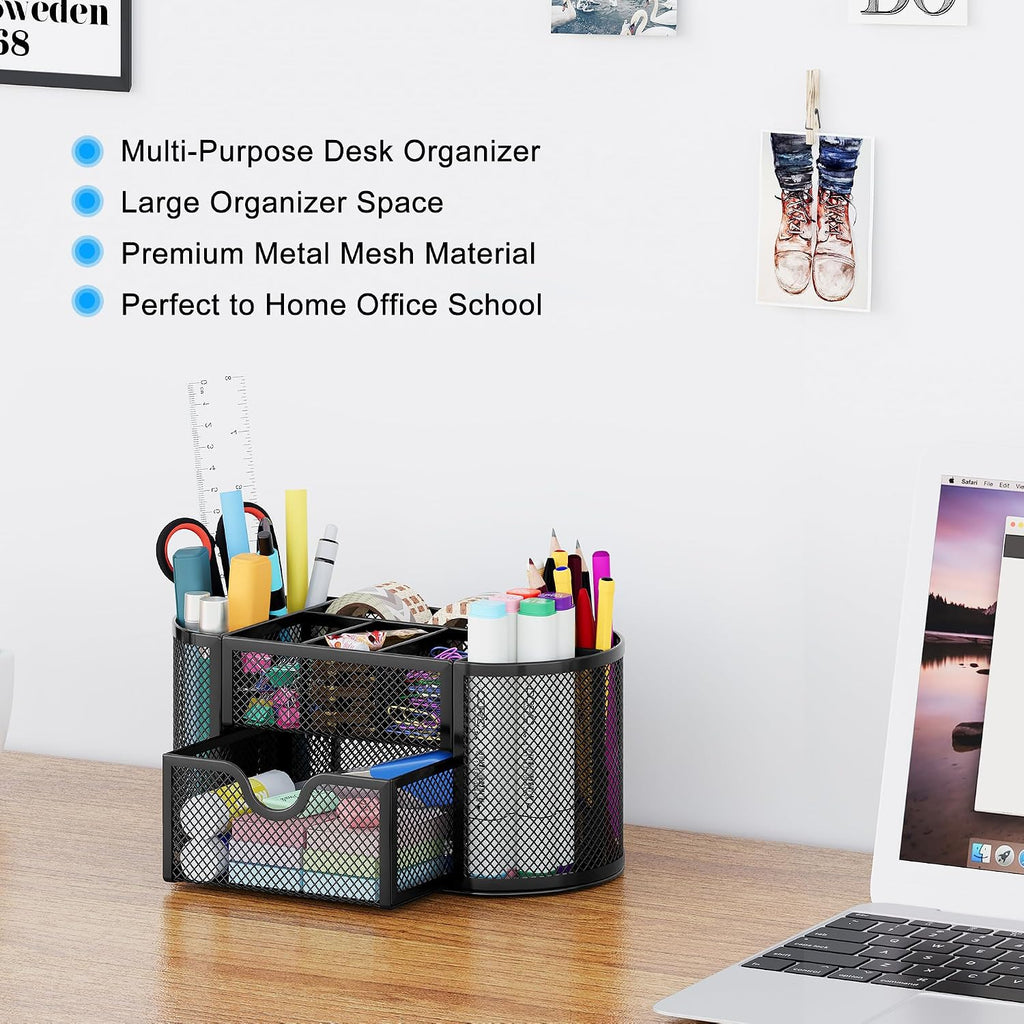 Mesh Pen Holder Desk Organizer with Drawer Stationery Supplies Organizer for Dorm School 9 Compartments Workspace Desk Accessories Organization for Office, Black - view 3