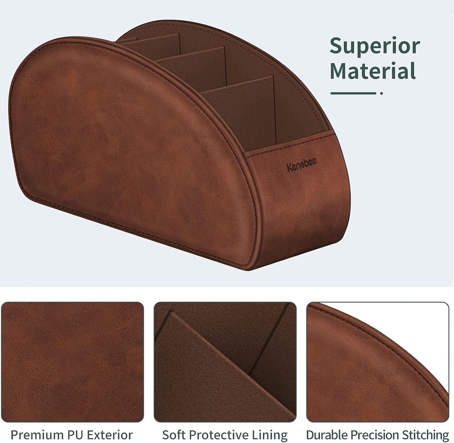 Remote control holder with 5 compartments, brown | vegan leather, anti-slip, desktop caddy storage organizer, for office supplies, makeup brush, media accessories - view 8
