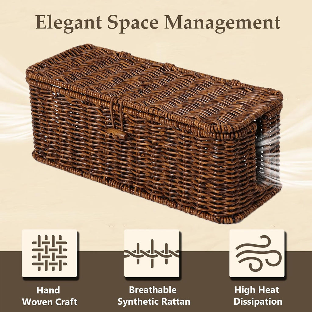Cable Management Box, Rattan Style Cord Organizer for Desk Cord Hider Outlet Covers for Power Strip TV PC Router Charger Under Desk Storage with Lockable Lid and Cable Ties - view 3
