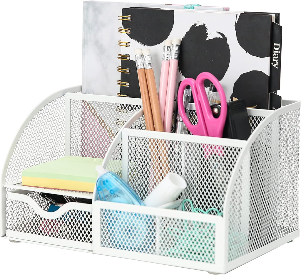 Desk Organizer 7 Compartments Metal Mesh Pen Holder Caddy White | Compact White Desktop Storage for Notes Clips Scissors Rulers Craft Tools Makeup Study and Home Use