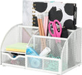 Desk Organizer 7 Compartments Metal Mesh Pen Holder Caddy White | Compact White Desktop Storage for Notes Clips Scissors Rulers Craft Tools Makeup Study and Home Use