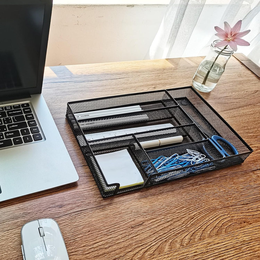 Metal Mesh Desk Drawer Organizer Tray, 6-Compartment Office Drawer Organizer for Pens Supplies, 12.6"x8.27"x1.57" Black - view 2