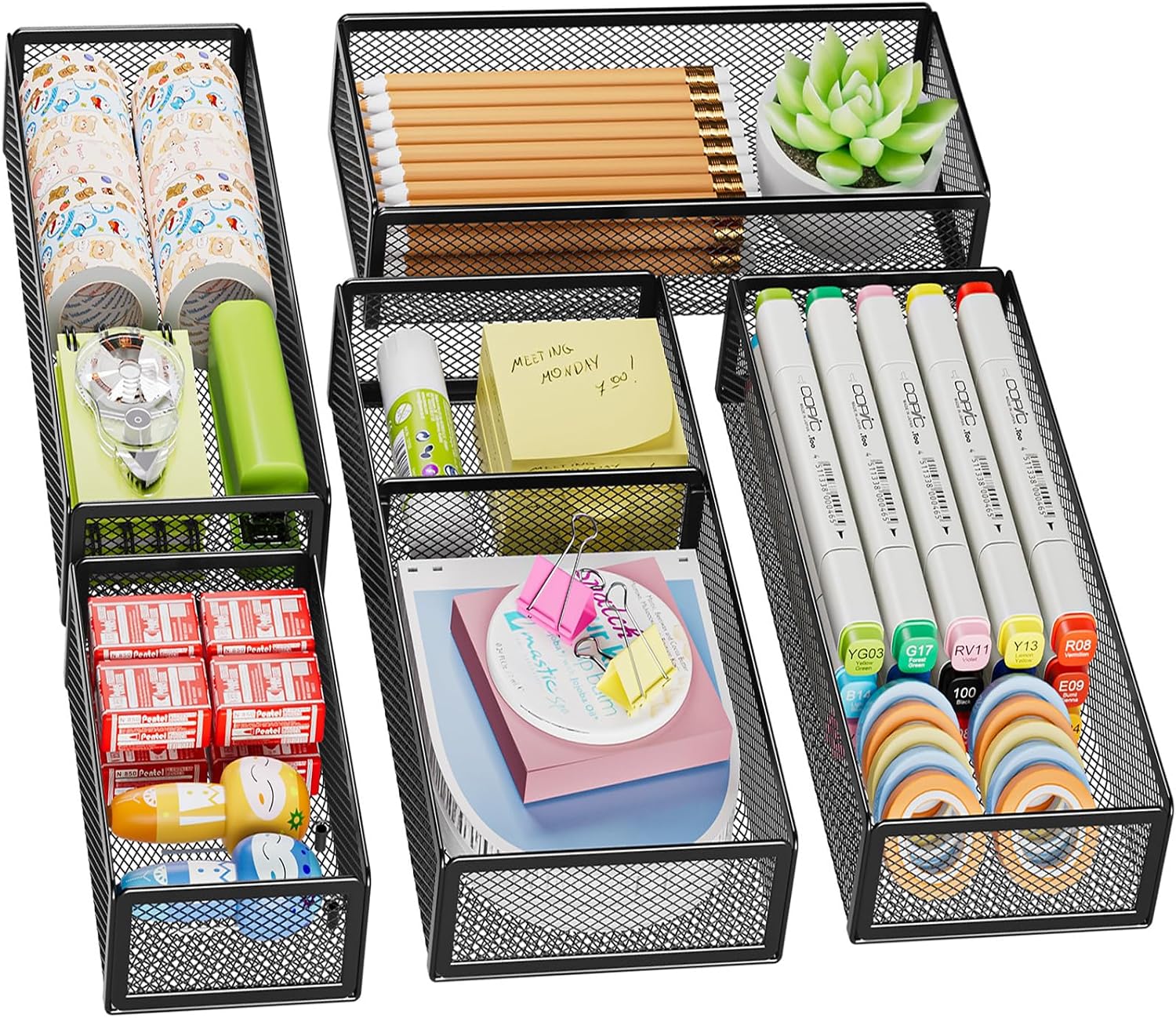 5 Pack Desk Drawer Organizer Set, Mesh Drawer Storage Trays with 1 Adjustable Divider, Desk Organizers and Accessories, 5 PCS Drawer for Office Supplies, Makeup & Vanity (Black)