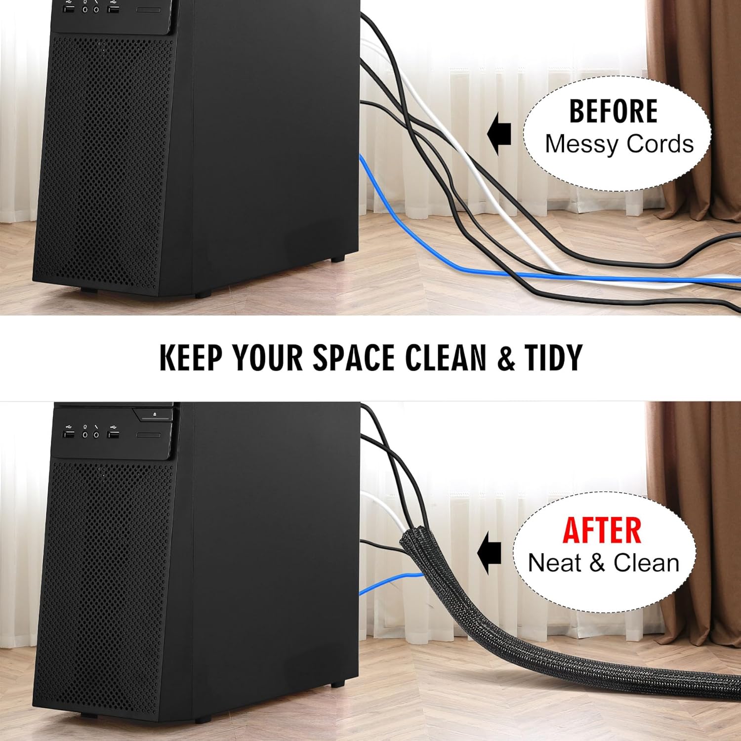 10ft - 1/2 inch cord protector cable sleeve split wire loom tubing for power cord audio USB cable, cord sleeve cable management for TV computer, cord protectors from pets chewing, black - view 5