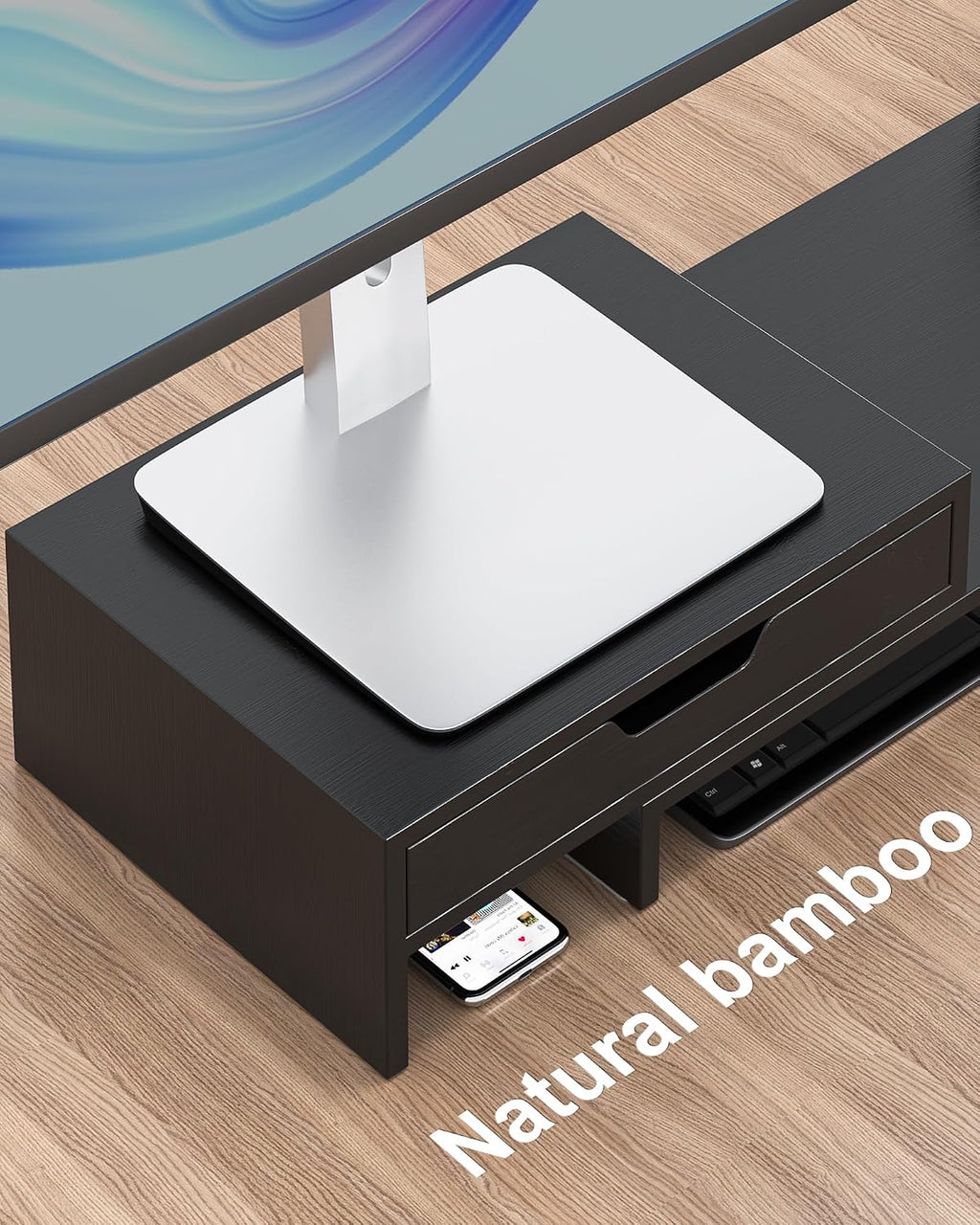Dual Monitor Riser with Two Drawer for Desk, No Assembly Required | Premium Bamboo Dual Monitor Stand with Storage, Desk Monitor Shelf for Computer, IMac & Laptop, Desk Organizer, Black - view 2