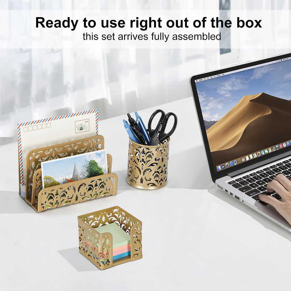 Desk Organizers and Accessories 3 Pieces Office Organizer Set - Pen Holder for Desk, Mail Sorter Countertop and Sticky Note Holder, Gold - view 4