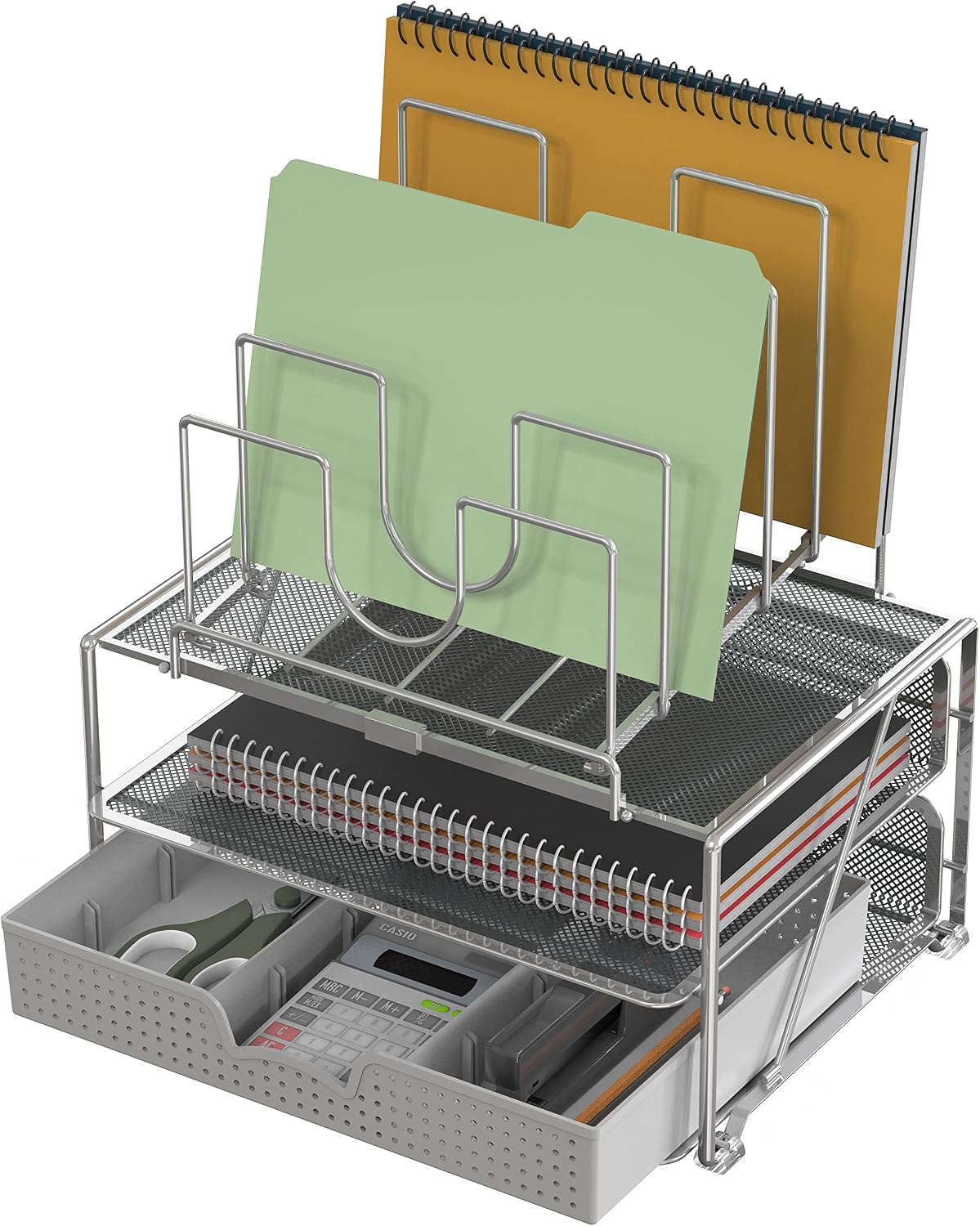 Desktop File Organizer with Double Tray & 5 Folder Stand Gray | Sliding Drawer with Adjustable Dividers - view 4