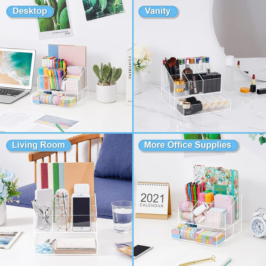 Acrylic Desk Organizer, Upgraded Clear Pencil Organizer for Desk, 7 Compartments Stationary Pen Organizer Storage with Drawer, for Office Supply, 500+ Pencils Capacity - view 5