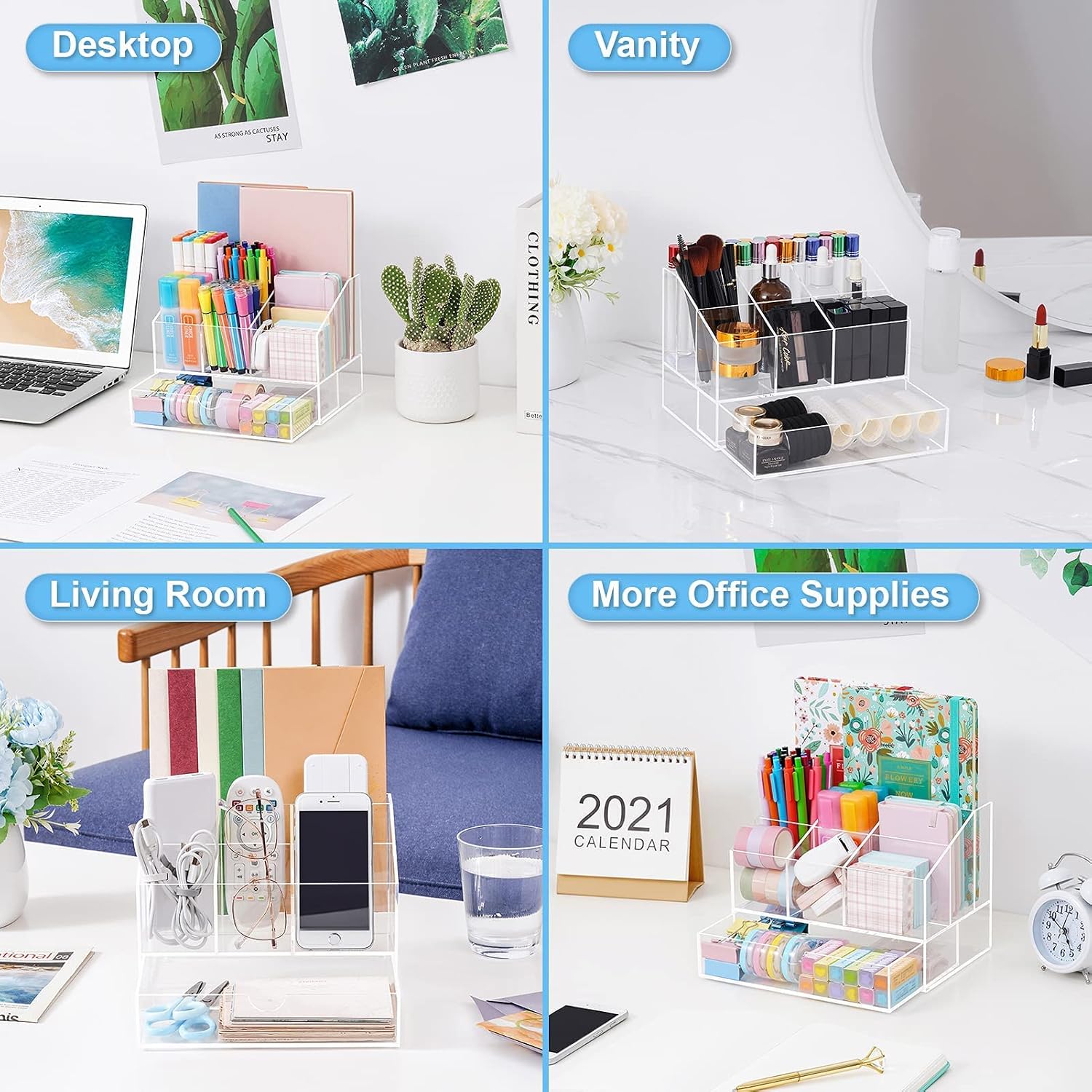 Acrylic Desk Organizer, Upgraded Clear Pencil Organizer for Desk, 7 Compartments Stationary Pen Organizer Storage with Drawer, for Office Supply, 500+ Pencils Capacity - view 5