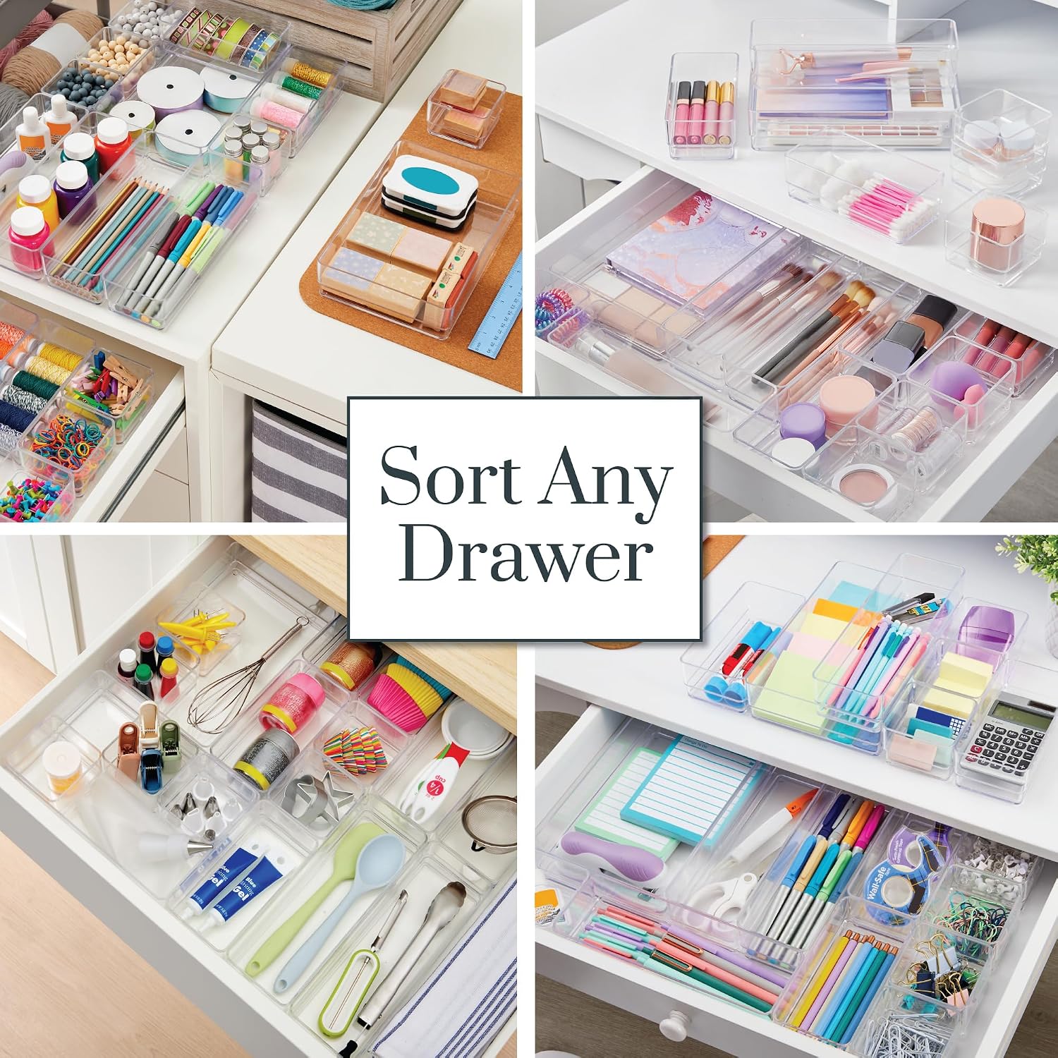 18-piece stackable clear drawer organizer set | multi-size trays | makeup vanity storage bins and office desk drawer dividers | made in USA - view 4