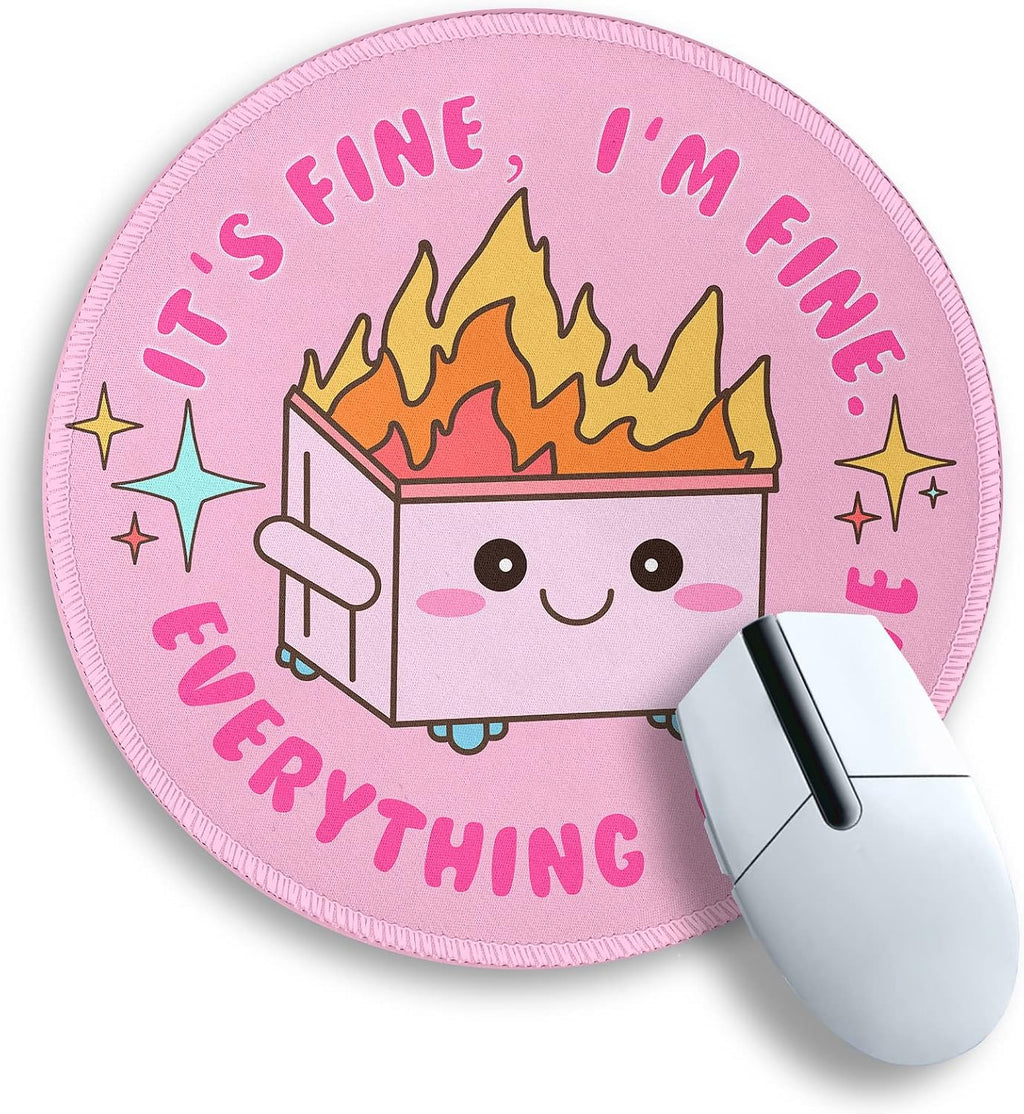 Pink Round Mouse Pads for Desk, Cute Office Decor for Women 8.6 in | Dumpster on Fire Small Mousepad, Stitched Edge, Non-Slip, Computer Mouse Pad for Wireless Mouse Laptop Desk Accessories