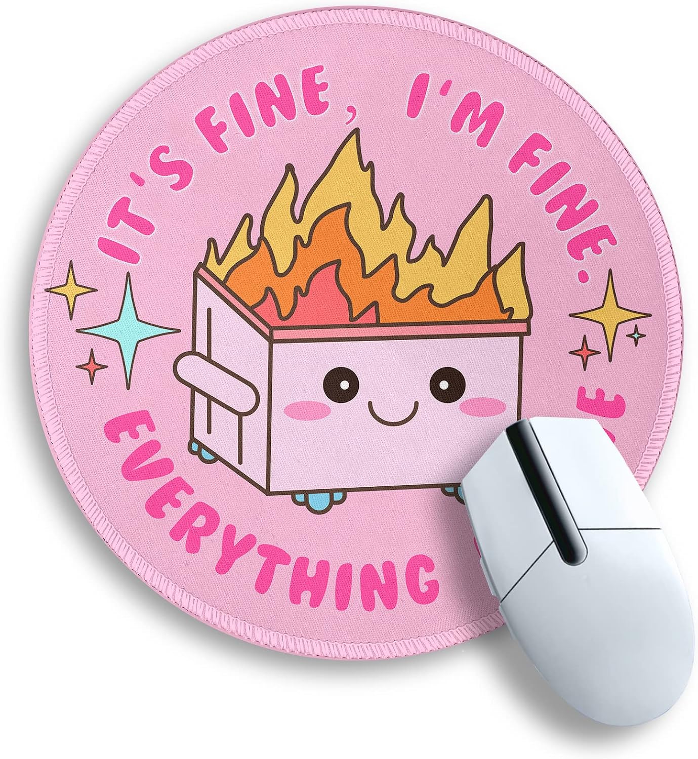 Pink Round Mouse Pads for Desk, Cute Office Decor for Women 8.6 in | Dumpster on Fire Small Mousepad, Stitched Edge, Non-Slip, Computer Mouse Pad for Wireless Mouse Laptop Desk Accessories