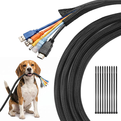 10ft - 1/2 inch Cable Sleeve Cord Protector from Pets No Chew, Split-Braided PVC Wire Loom Tubing for Desk Computer USB TV Cord Organizer, Easy Set-up Cable Management Sleeve Kit, Black