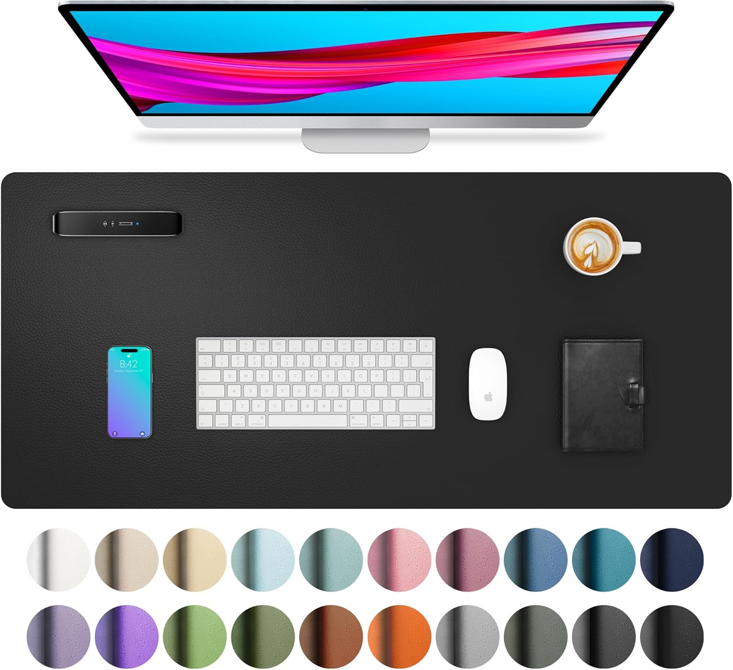 Non-Slip Waterproof PU Leather Desk Pad Protector for Mouse, Writing Desk, Office, Home, Laptop Blotter, 23.6" x 13.7", Black