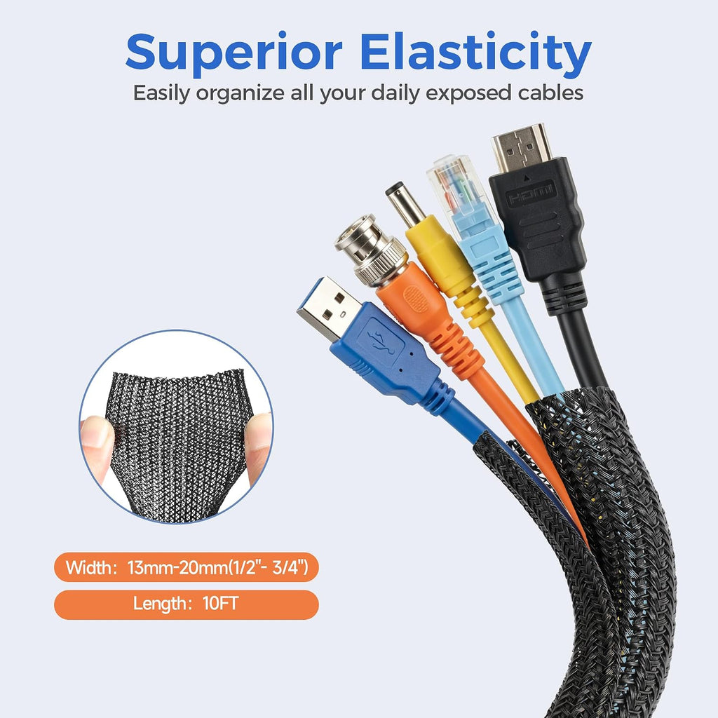 10ft - 1/2 inch Cable Sleeve Cord Protector from Pets No Chew, Split-Braided PVC Wire Loom Tubing for Desk Computer USB TV Cord Organizer, Easy Set-up Cable Management Sleeve Kit, Black - view 2