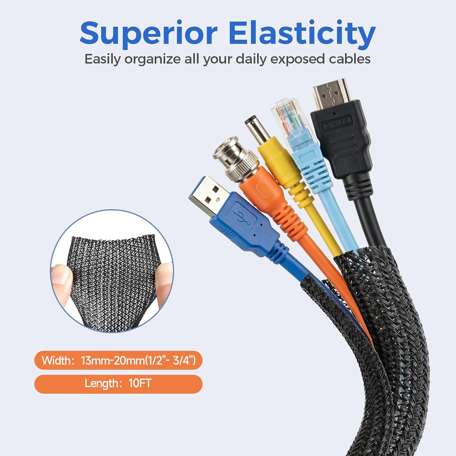 10ft - 1/2 inch Cable Sleeve Cord Protector from Pets No Chew, Split-Braided PVC Wire Loom Tubing for Desk Computer USB TV Cord Organizer, Easy Set-up Cable Management Sleeve Kit, Black - view 2