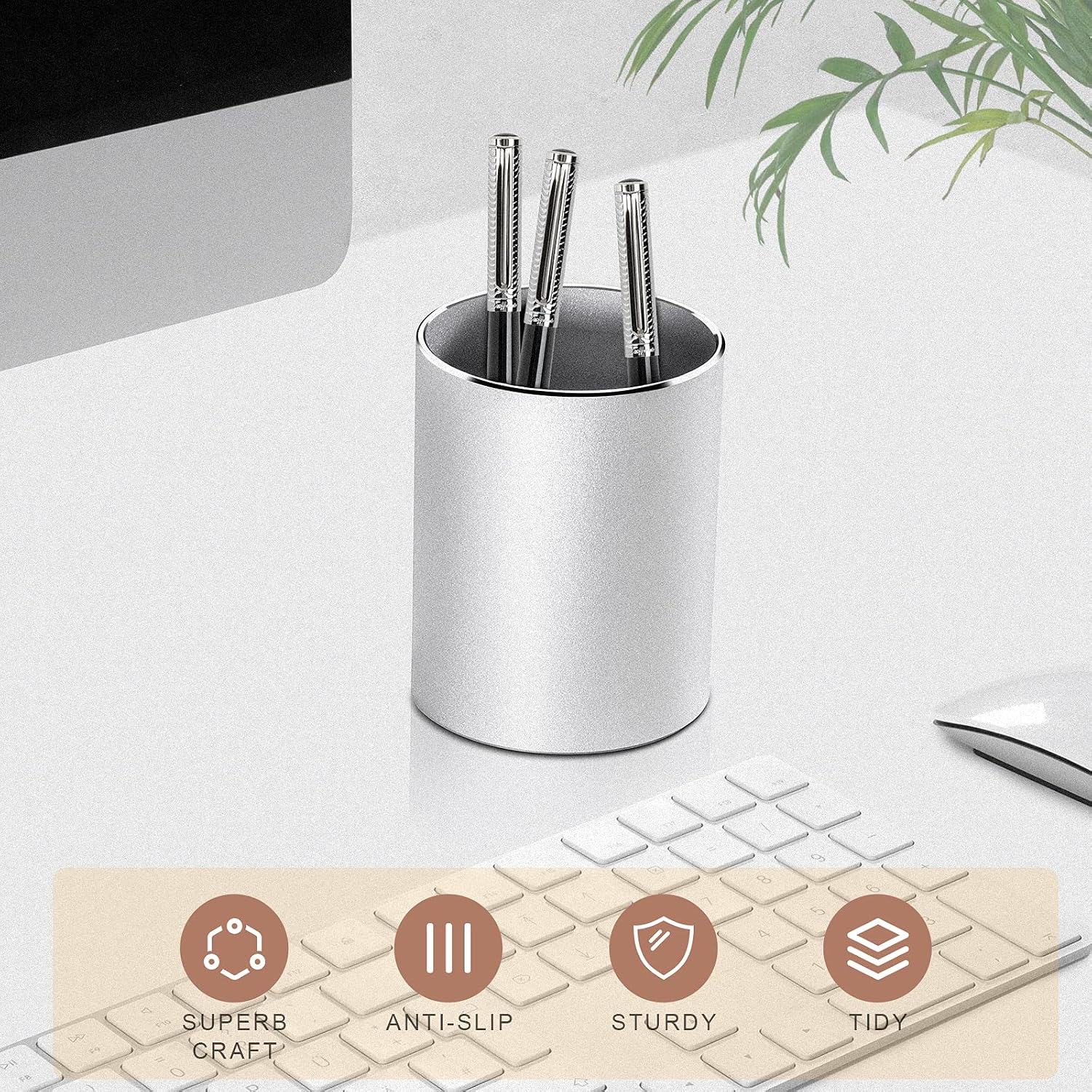 Metal Pen Holder Aluminum Pencil Holder for desk, Round Desktop Organizer and Silver Pencil Cup for Office, School, Home and Stationary Supplies (3.15 x 3.15 x 3.94 Inches) - view 3