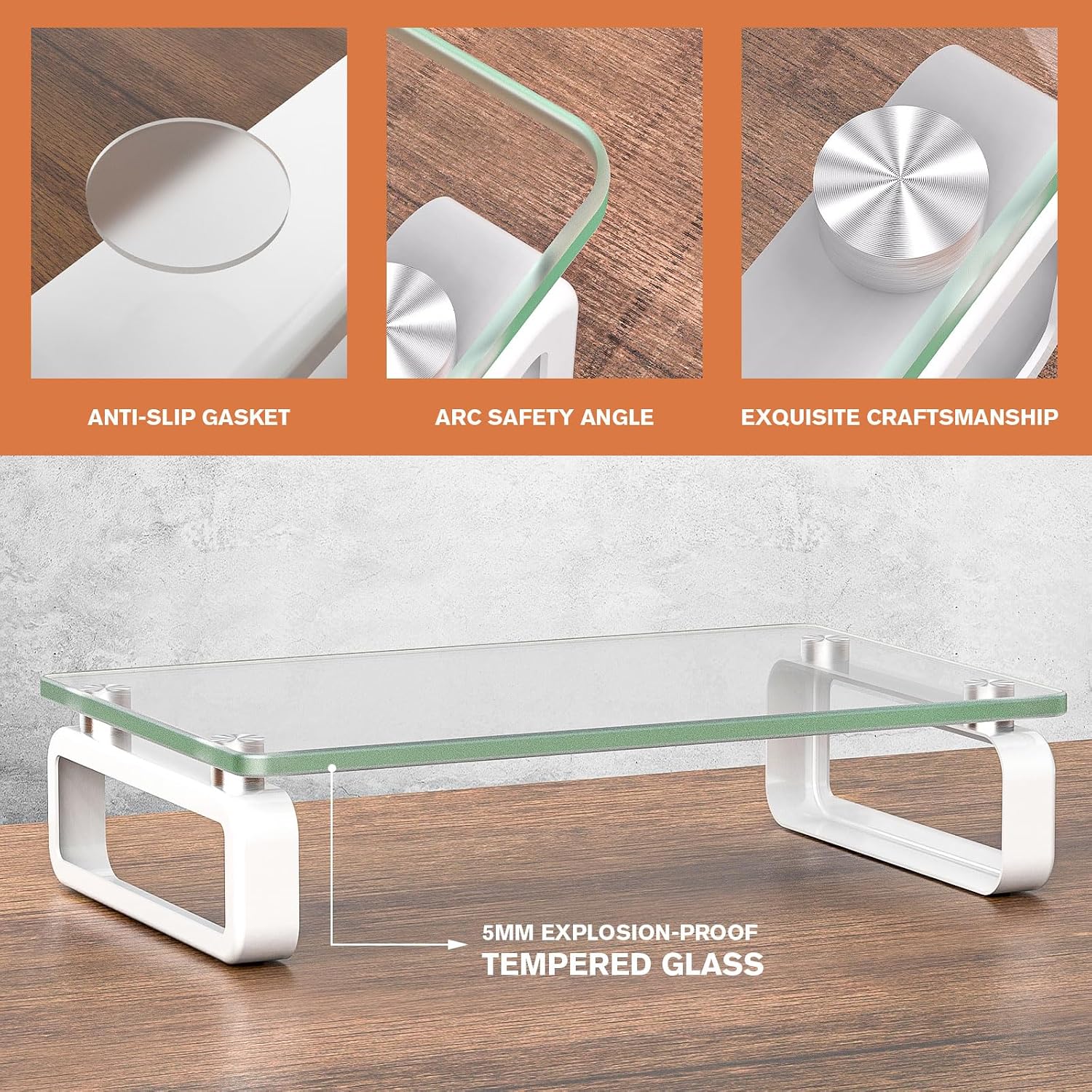 Clear Computer Monitor Stand Riser Multi Media Desktop Stand for Flat Screen LCD LED TV, Laptop/Notebook, with Tempered Glass and Metal Legs, HD02T-001 - view 3