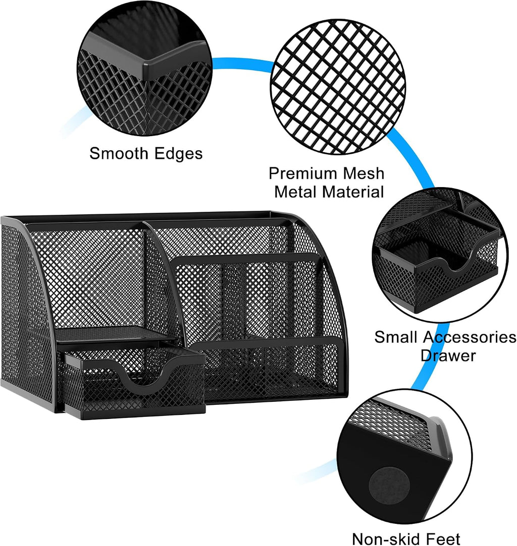 Mesh Desk Organizer with Drawer Multi-functional Pen Holder Stationery Organizer for Office School Supplies 6 Compartments Dorm Organizers and Storage for Desk, Black - view 3