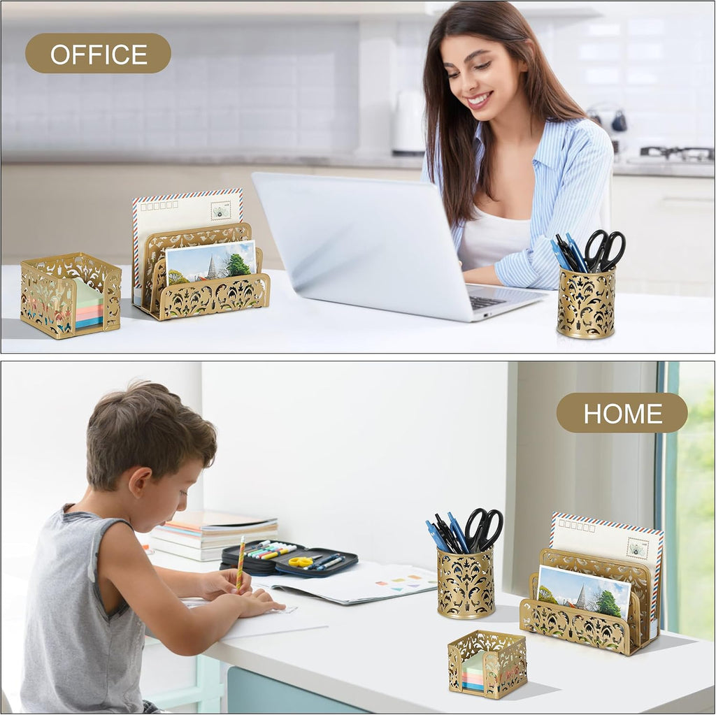 Desk Organizers and Accessories 3 Pieces Office Organizer Set - Pen Holder for Desk, Mail Sorter Countertop and Sticky Note Holder, Gold - view 7