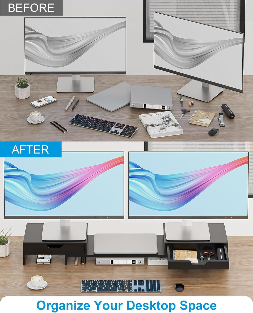 Dual Monitor Riser with Two Drawer for Desk, No Assembly Required | Premium Bamboo Dual Monitor Stand with Storage, Desk Monitor Shelf for Computer, IMac & Laptop, Desk Organizer, Black - view 5