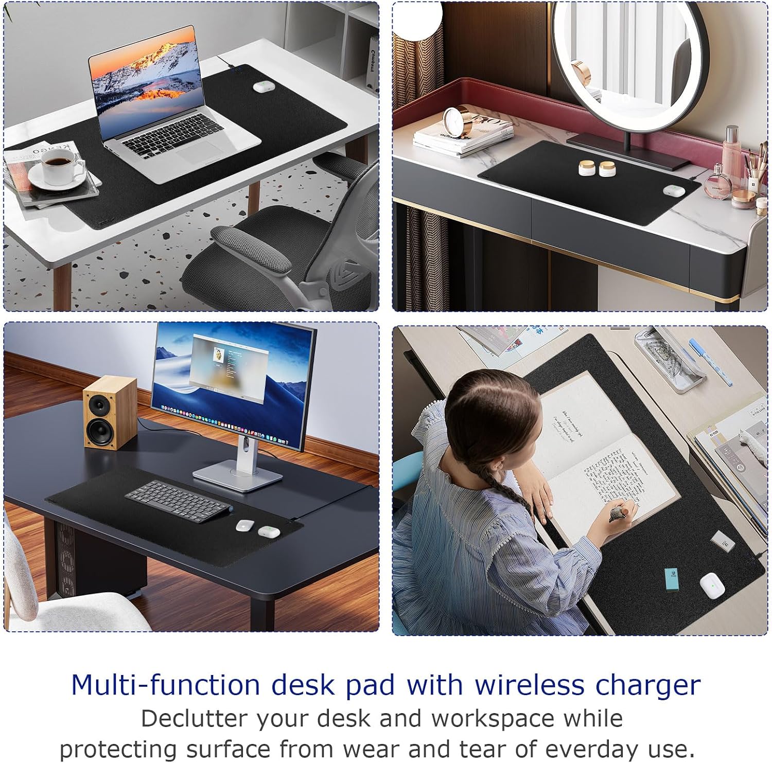 Desk Pad with Wireless Charger, Leather, Waterproof, Anti-Slip Wool Felt Base Material, Office Table Mat, Fast Charging Gaming Mouse Pad, 32”(L) x 16”(W), Black (Right Side Charging Port) - view 6