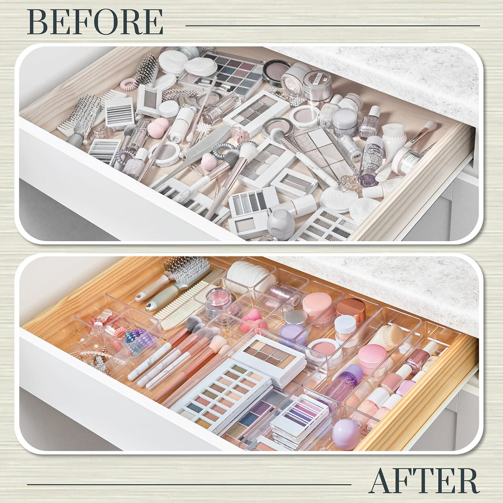 18-piece stackable clear drawer organizer set | multi-size trays | makeup vanity storage bins and office desk drawer dividers | made in USA - view 6
