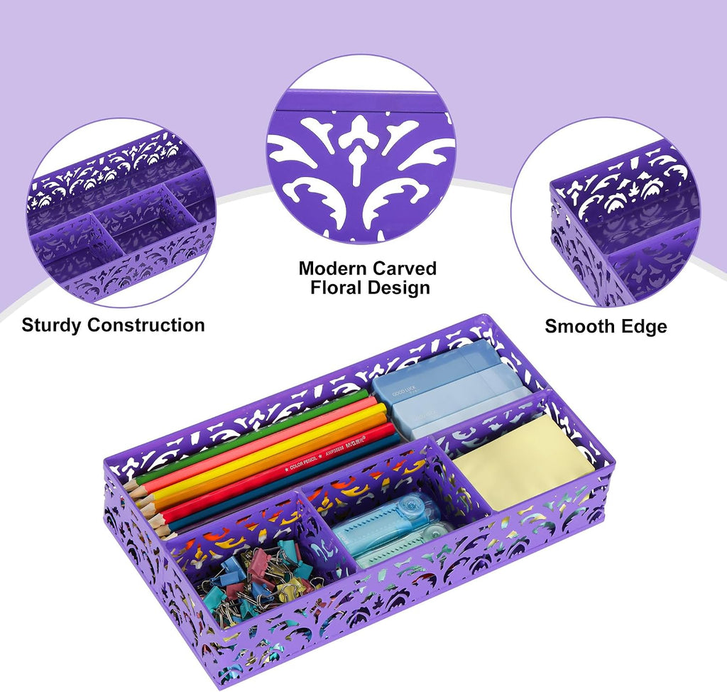 Desk Drawer Organizer with 4 Compartments, Carved Hollow Floral Metal Tray for Office, Jewelry, Cosmetics - No Assembly, Purple - view 4