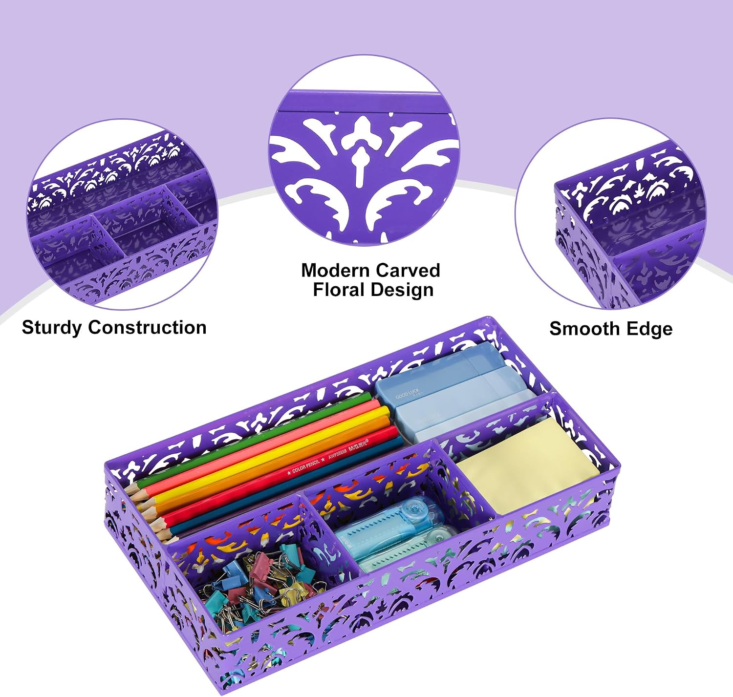 Desk Drawer Organizer with 4 Compartments, Carved Hollow Floral Metal Tray for Office, Jewelry, Cosmetics - No Assembly, Purple - view 4