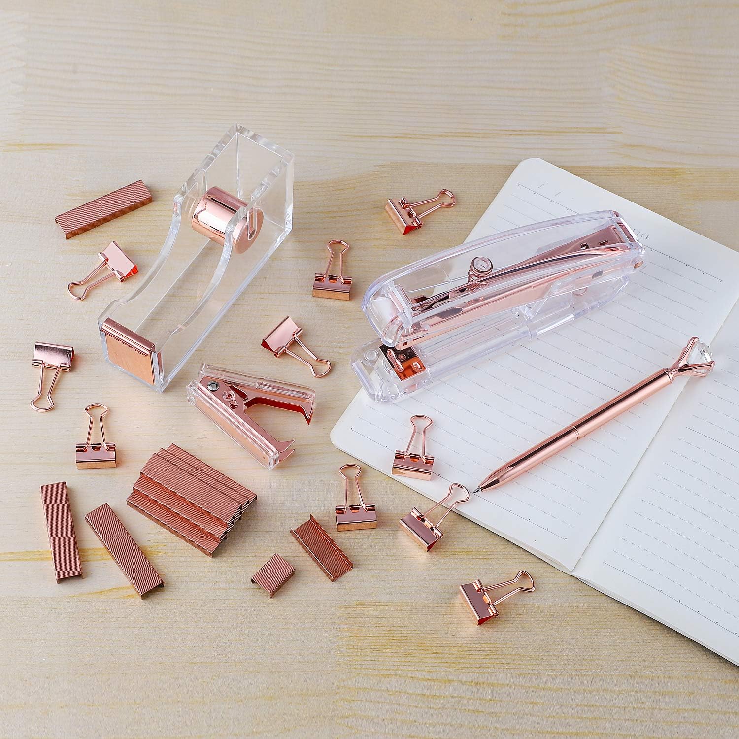 Rosegold Desk Accessory Kit,Set of Stapler, Staple Remover,1000pcs Staples,Tape Dispenser,Big Diamond Ballpoint Pen and 10pcs Binder Clips - view 2