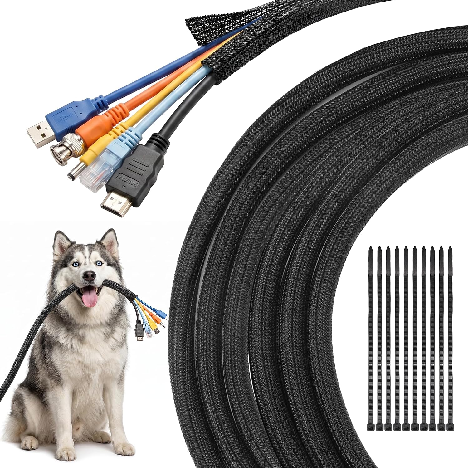 10ft - 1/2 inch Cable Sleeve Cord Protector from Pets No Chew, Split-Braided PVC Wire Loom Tubing for Desk Computer USB TV Cord Organizer, Easy Set-up Cable Management Sleeve Kit, Black - view 7