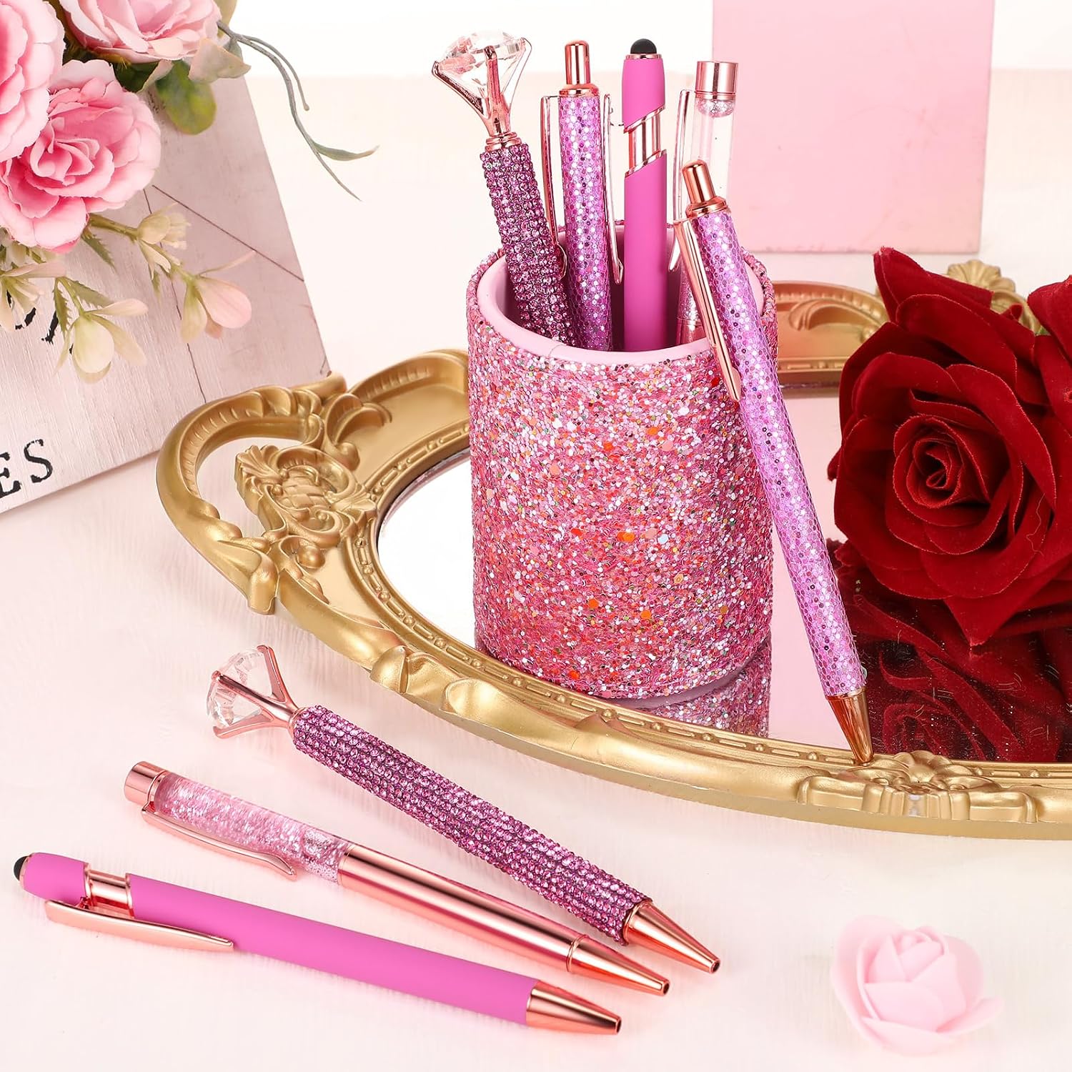 8 Pcs Shiny Pink Pens with Pen Holder for Desk Glitter Crystal Diamond Cute Ballpoint Fancy Pencil Holder Bling Desk Organizer for Women Girls School Office Supplies Wedding Graduation Gifts - view 6