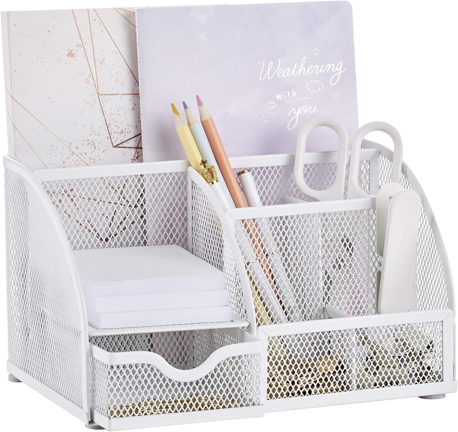 Mesh Desk Organizer Office with 7 Compartments + Drawer/Desk Tidy Candy/Pen Holder/Multifunctional Organizer (New Blue23) - view 6