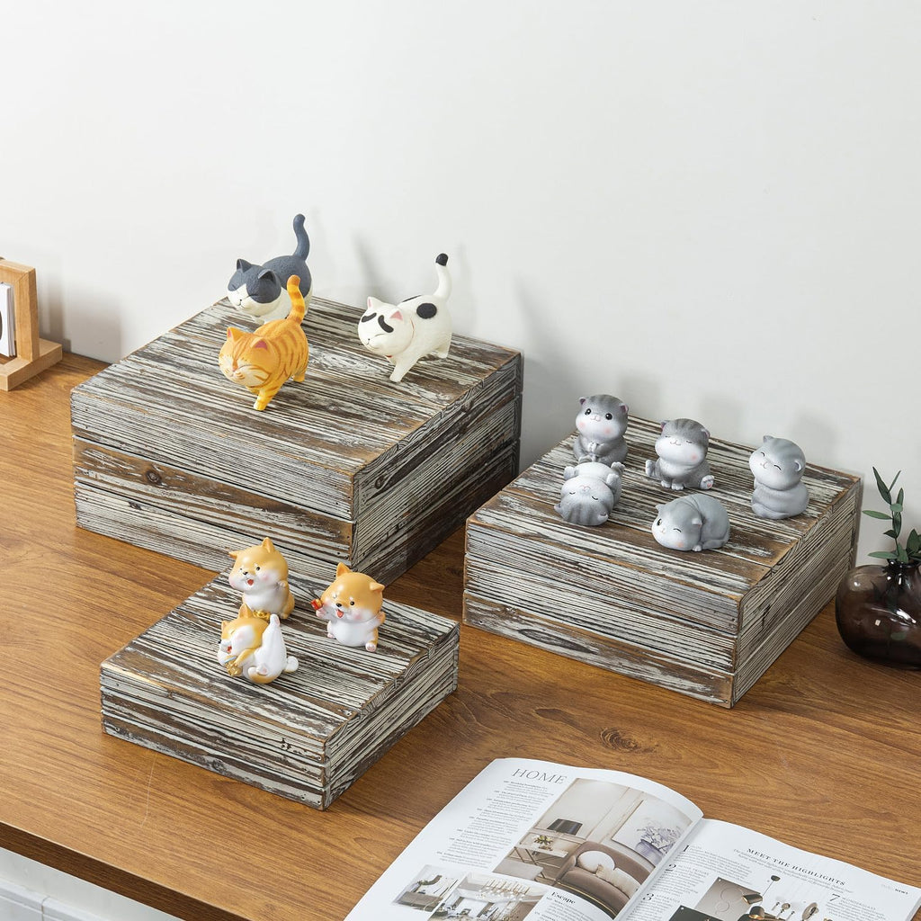 3 Piece Rustic Solid Torched Wood Dessert Cake and Cupcake Stand, Decorative Box Display Risers - view 3