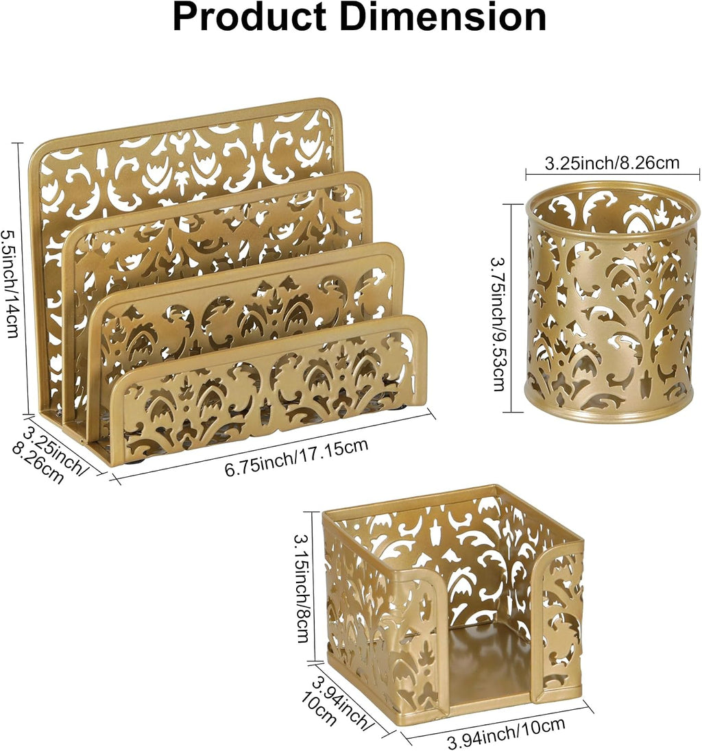Desk Organizers and Accessories 3 Pieces Office Organizer Set - Pen Holder for Desk, Mail Sorter Countertop and Sticky Note Holder, Gold - view 8