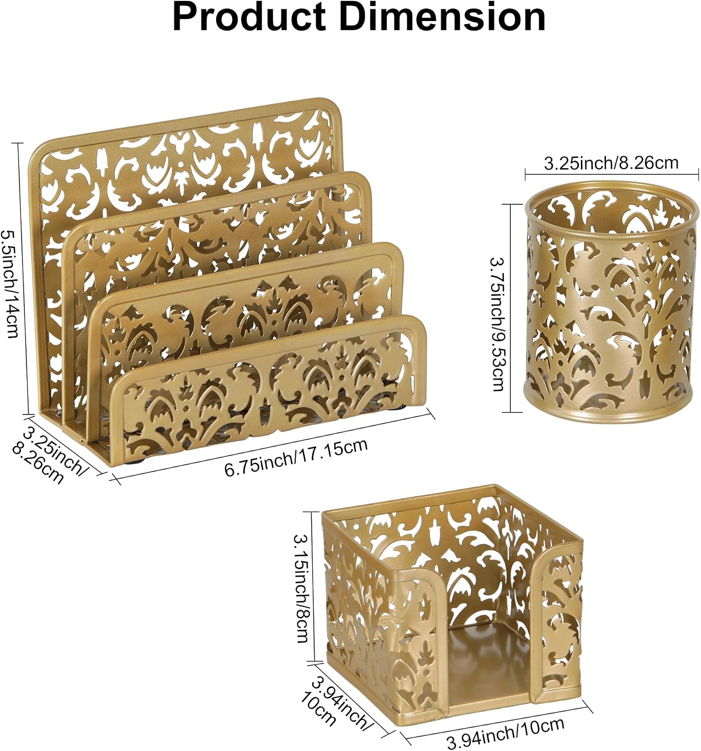 Desk Organizers and Accessories 3 Pieces Office Organizer Set - Pen Holder for Desk, Mail Sorter Countertop and Sticky Note Holder, Gold - view 8