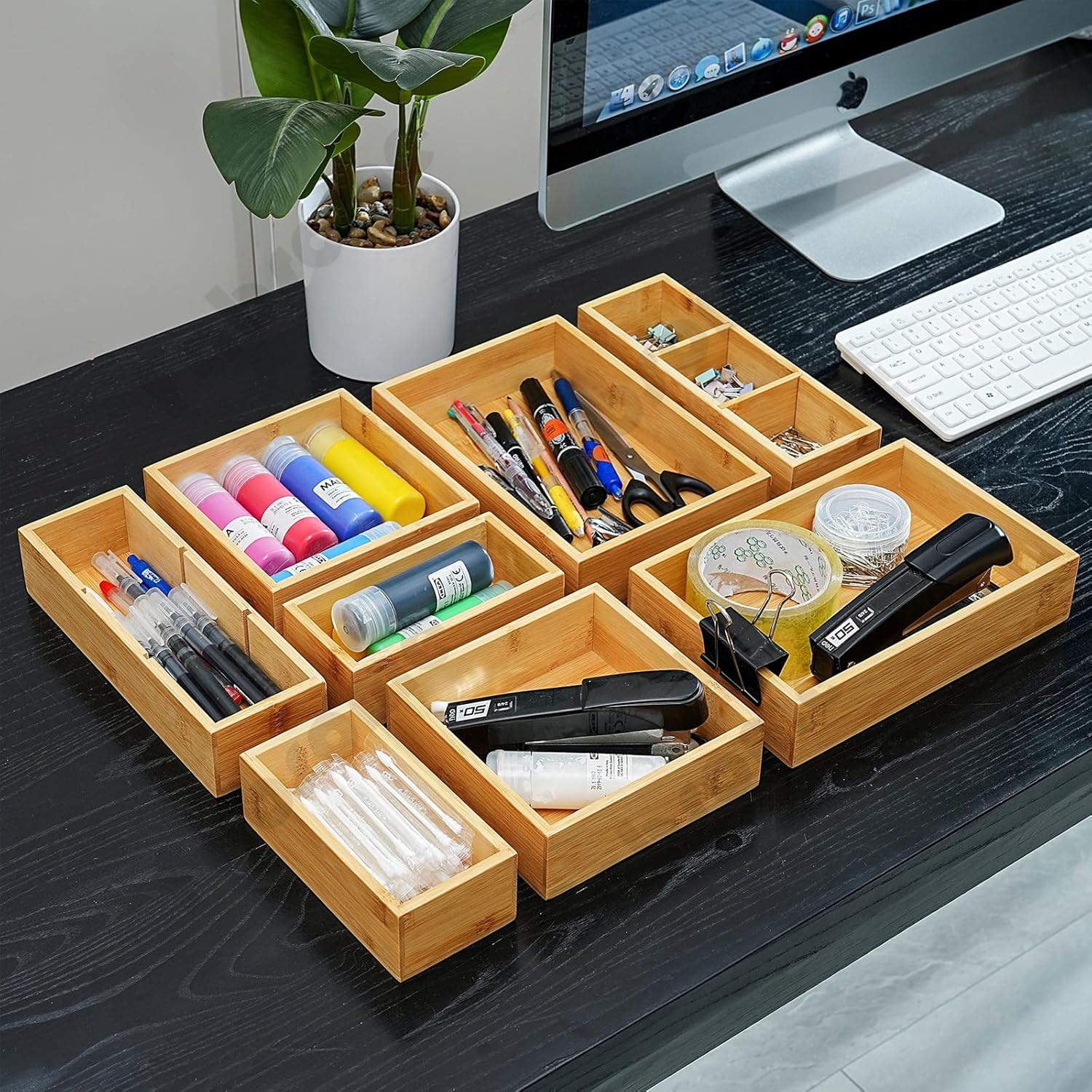 Drawer Organizer, Set of 9 Bamboo Wood Kitchen Makeup Desk Junk Tea Drawer Storage Boxes Bins for Cutlery Silverware Utensils Flatware, Small Wooden Container Tray for Bathroom, Office - view 4