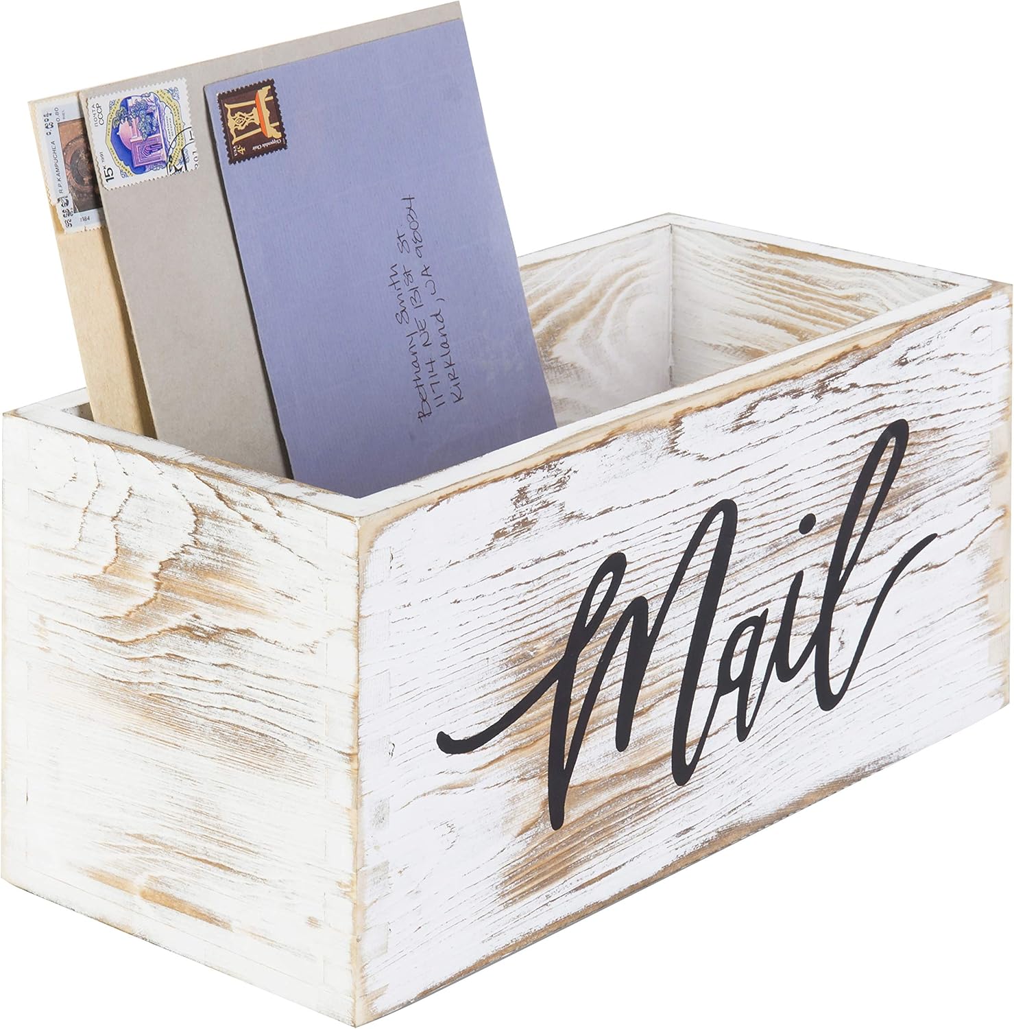 Whitewashed Wood Mail Holder Organizer Box With MAIL Design | MAIL Script Detail, Keeps Correspondence Organized, Desktop Accent, Easy Access, Compact Design, Home Office Essential