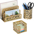Desk Organizers and Accessories 3 Pieces Office Organizer Set - Pen Holder for Desk, Mail Sorter Countertop and Sticky Note Holder, Gold