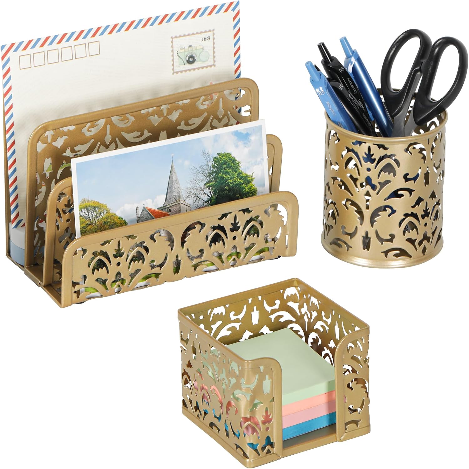 Desk Organizers and Accessories 3 Pieces Office Organizer Set - Pen Holder for Desk, Mail Sorter Countertop and Sticky Note Holder, Gold