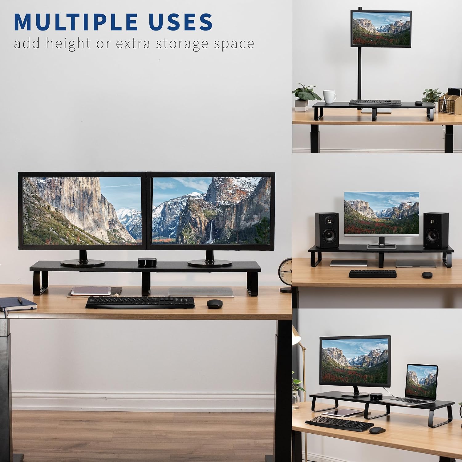 39 inch Extra Long Monitor Stand, Wood & Steel Desktop Riser, Dual Screen, TV, Keyboard, Laptop, Ergonomic Desk and Tabletop Organizer, Black, STAND-V000DL - view 5