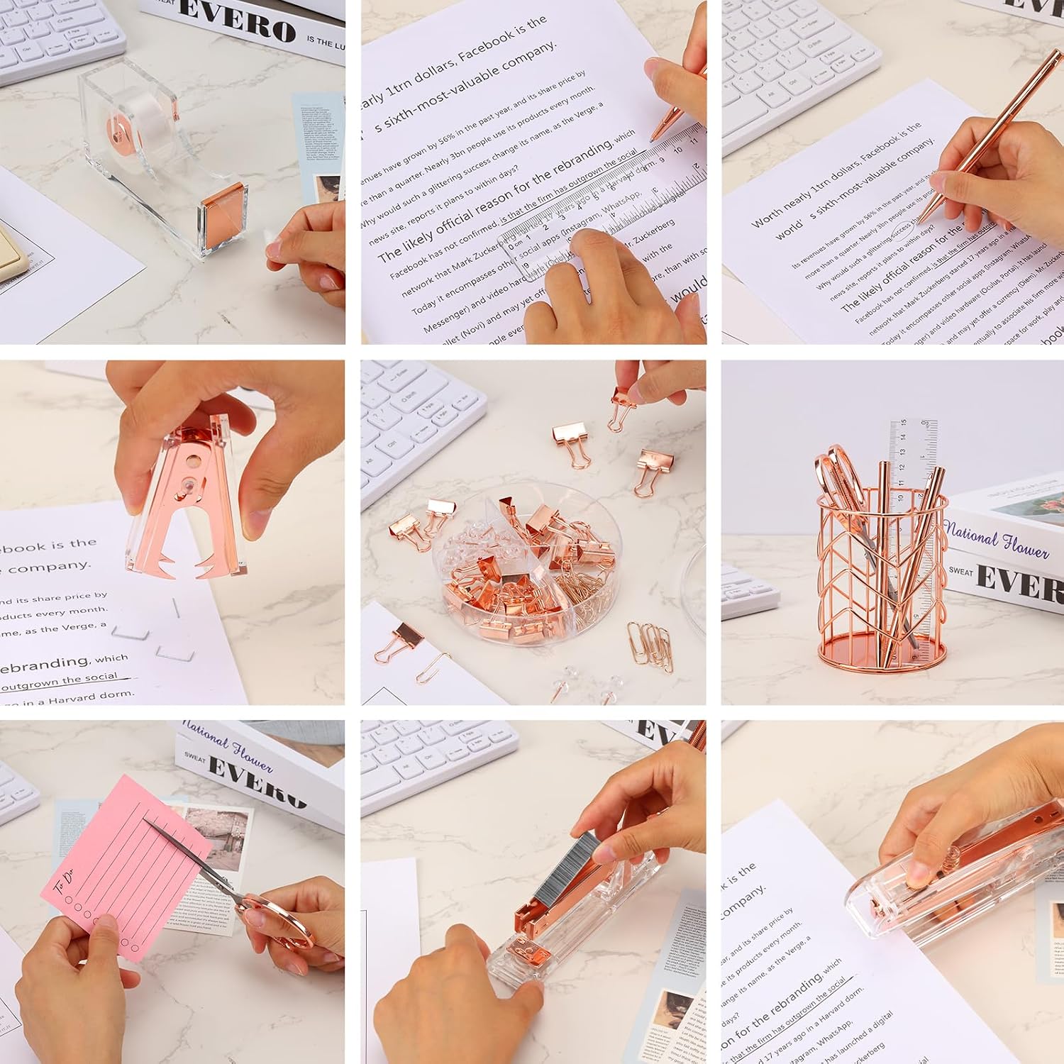 Rose Gold Desk Accessories, Office Supplies and Accessories Set, Acrylic Stapler Set, Staple Remover, Phone Holder, Pen Holder, Scissor, Ruler, Transparent Tape - view 5