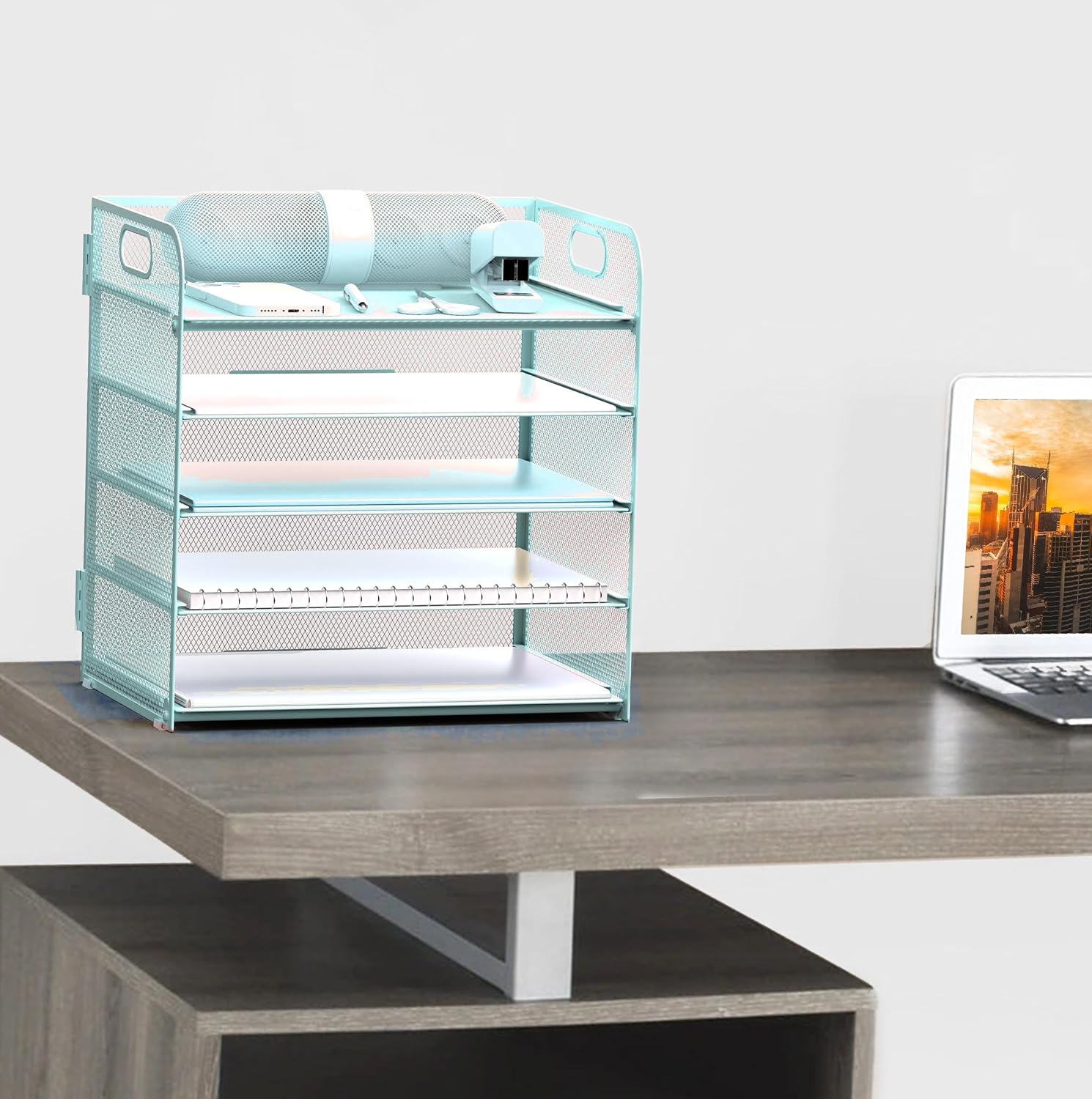 Letter tray paper organizer 5-tier desk organizer file organizer paper holder with handle, metal desktop document shelf tray office classroom organization - blue - view 5