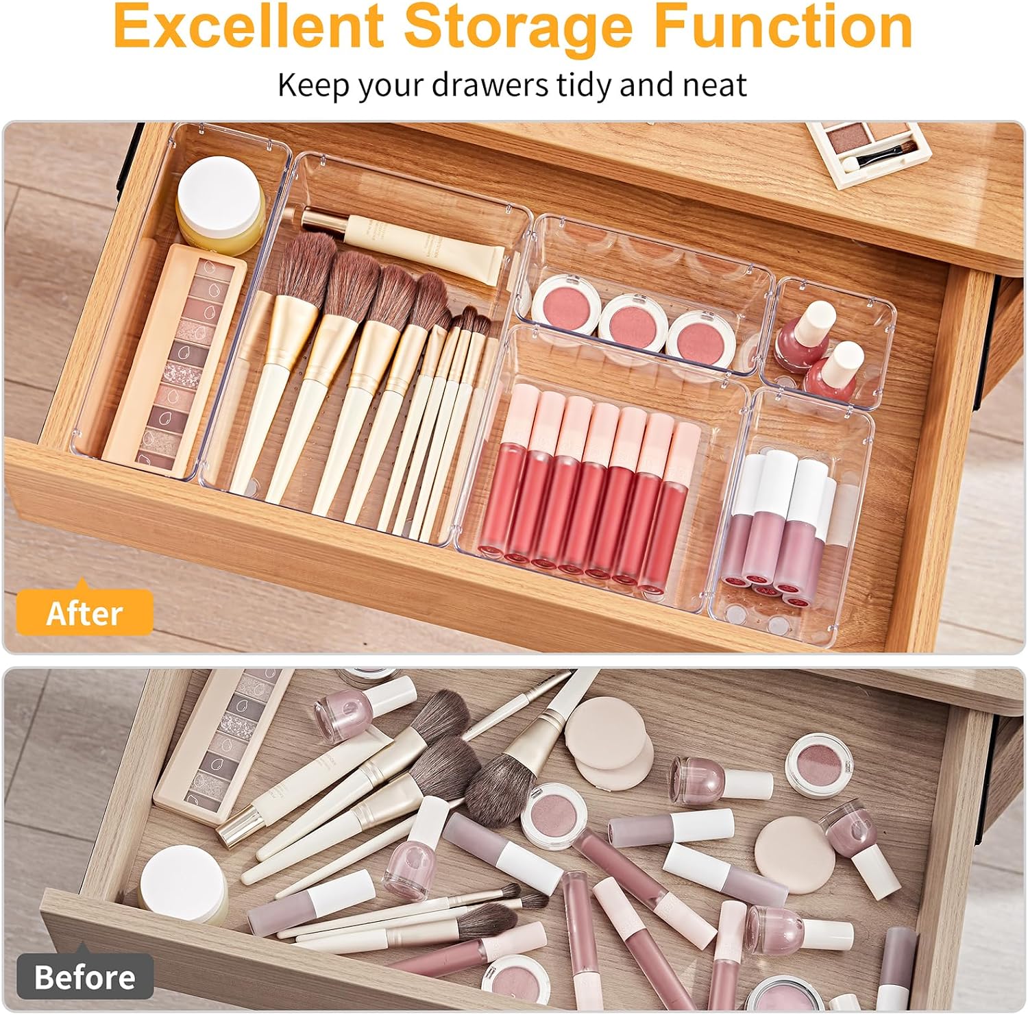 13-Piece Drawer Organizers with Non-Slip Silicone Pads, 5-Size | Clear Desk Bathroom Drawer Organizer Trays Storage Tray for Makeup, Jewelry, Utensils in Bedroom Dresser, Office and Kitchen - view 4