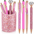 8 Pcs Shiny Pink Pens with Pen Holder for Desk Glitter Crystal Diamond Cute Ballpoint Fancy Pencil Holder Bling Desk Organizer for Women Girls School Office Supplies Wedding Graduation Gifts
