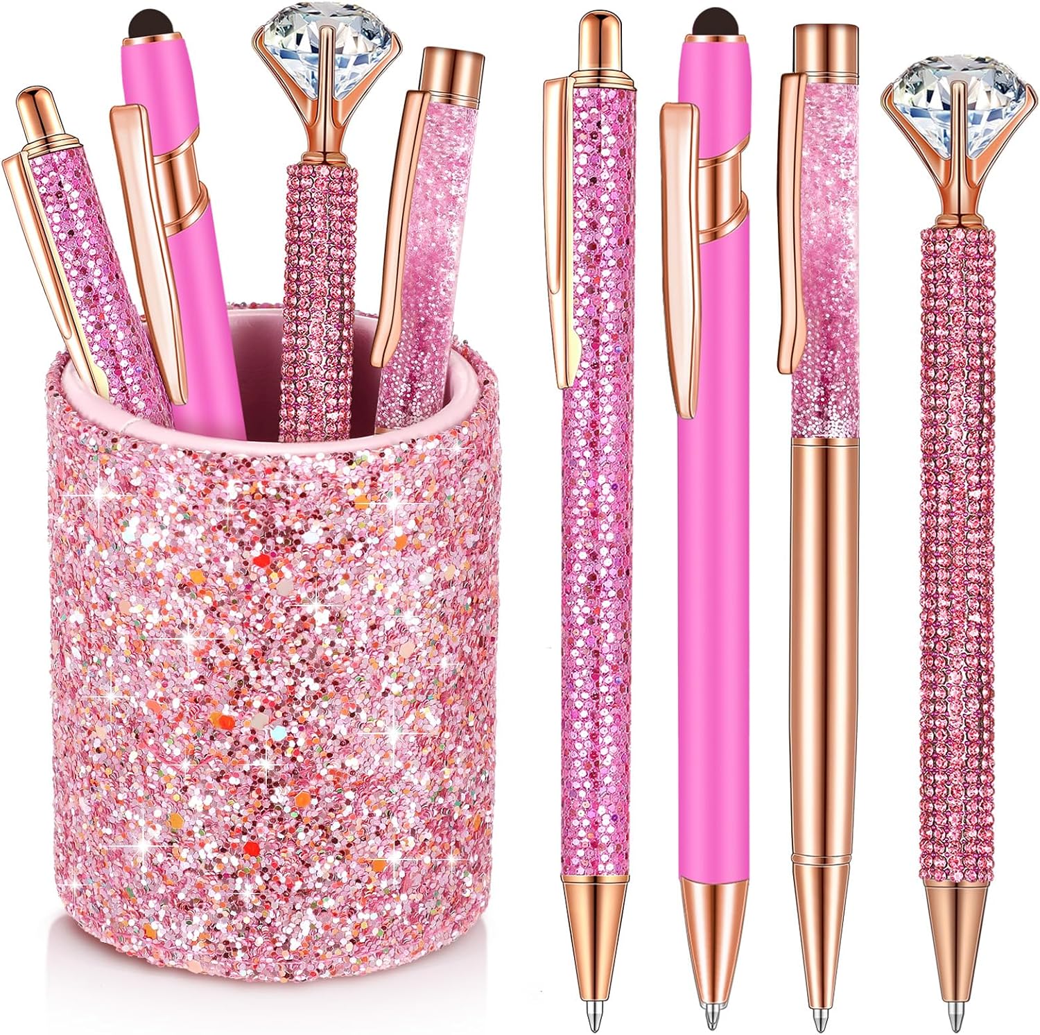 8 Pcs Shiny Pink Pens with Pen Holder for Desk Glitter Crystal Diamond Cute Ballpoint Fancy Pencil Holder Bling Desk Organizer for Women Girls School Office Supplies Wedding Graduation Gifts